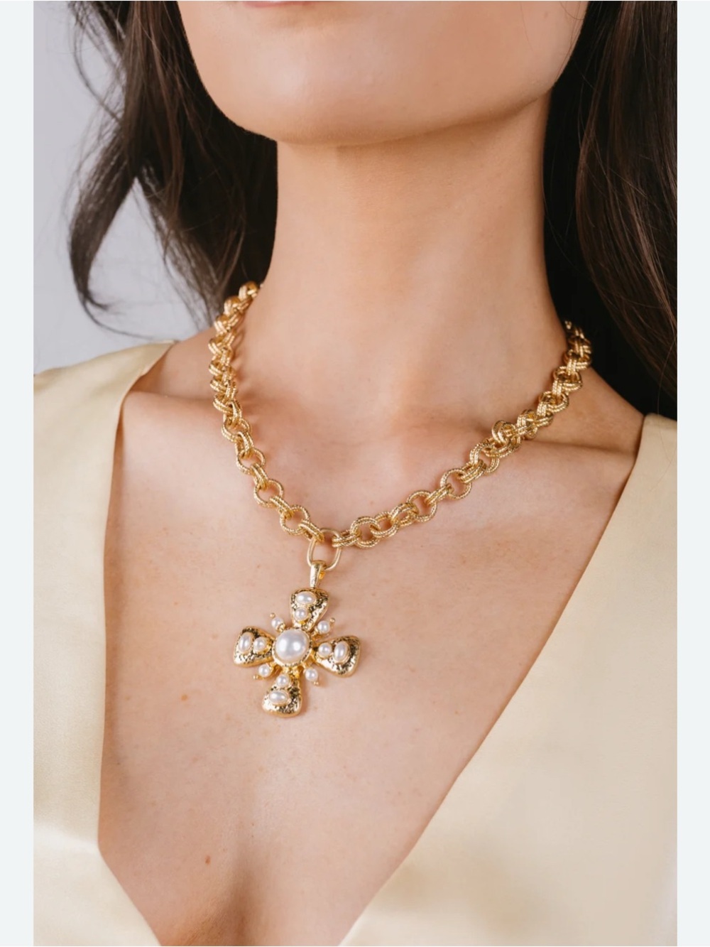 Gold Pearl Cross Pendant Necklace - Women Jewelry